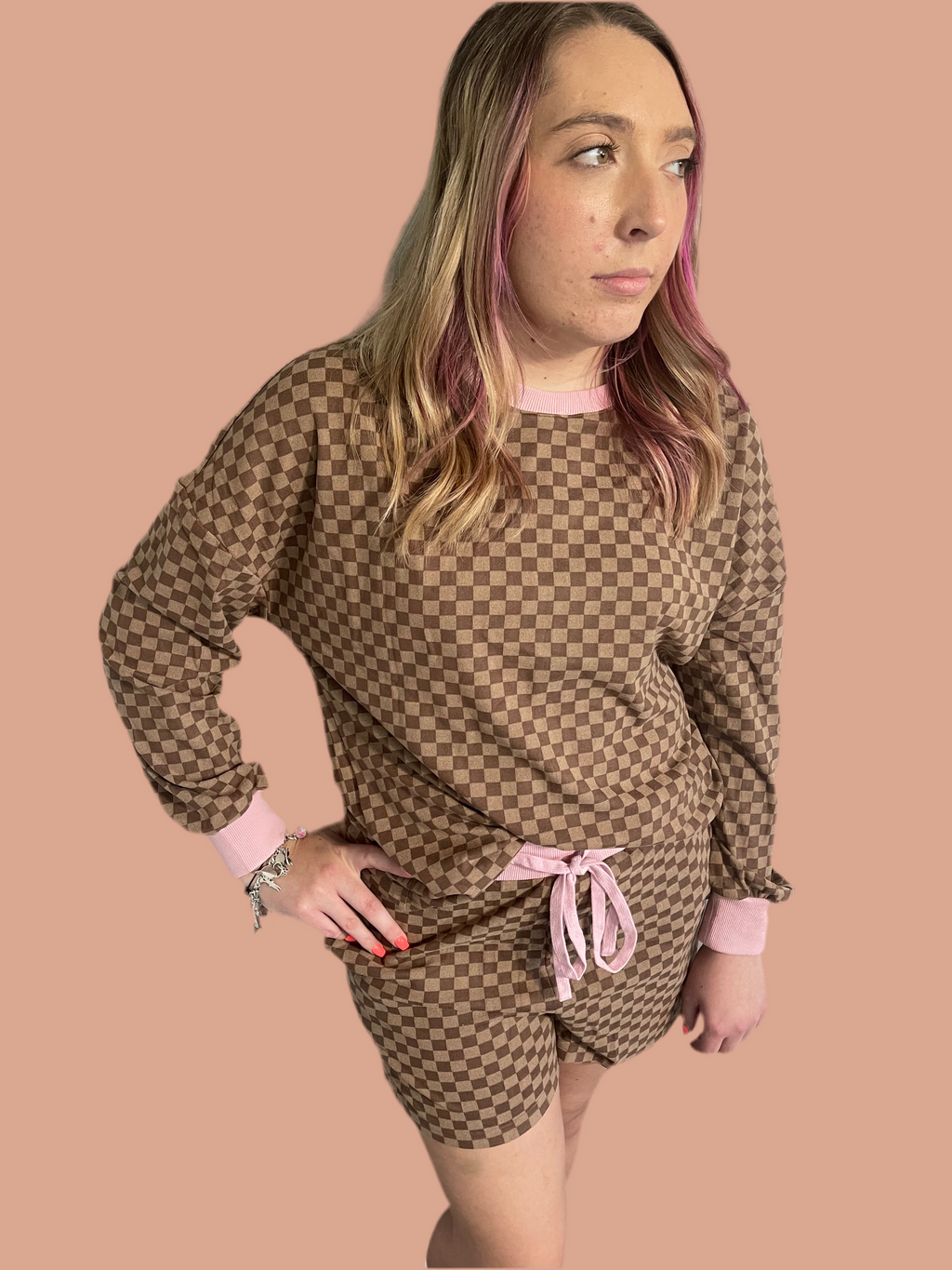 Mocha Bloom Checkered Short Set