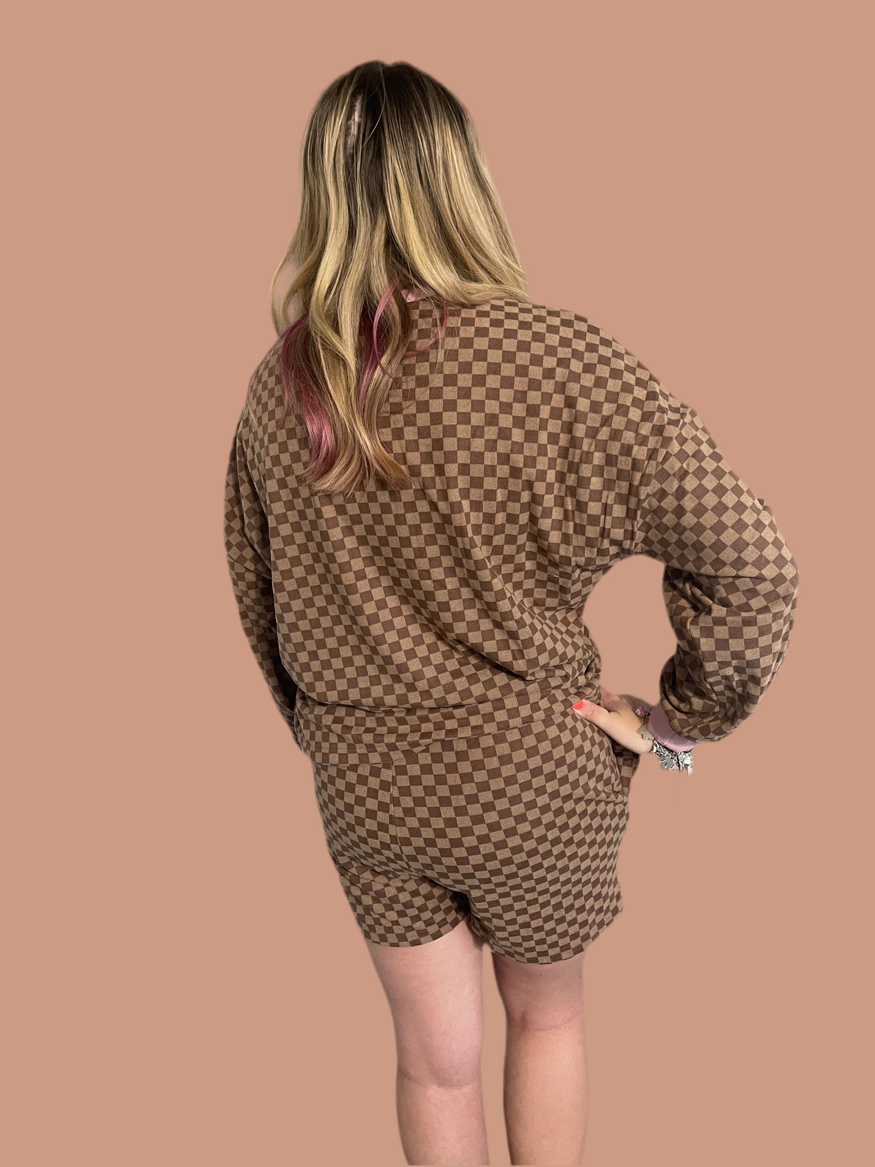 Mocha Bloom Checkered Short Set