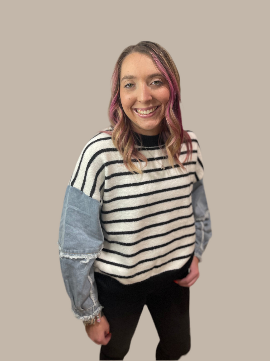 Willow Denim Sleeve Striped Sweater