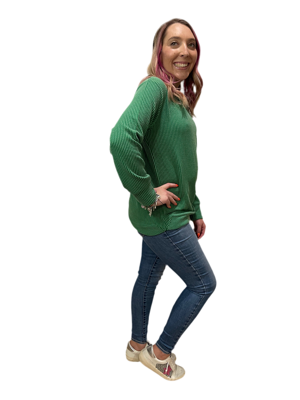 Danielle Ribbed Long Sleeve Top in Green