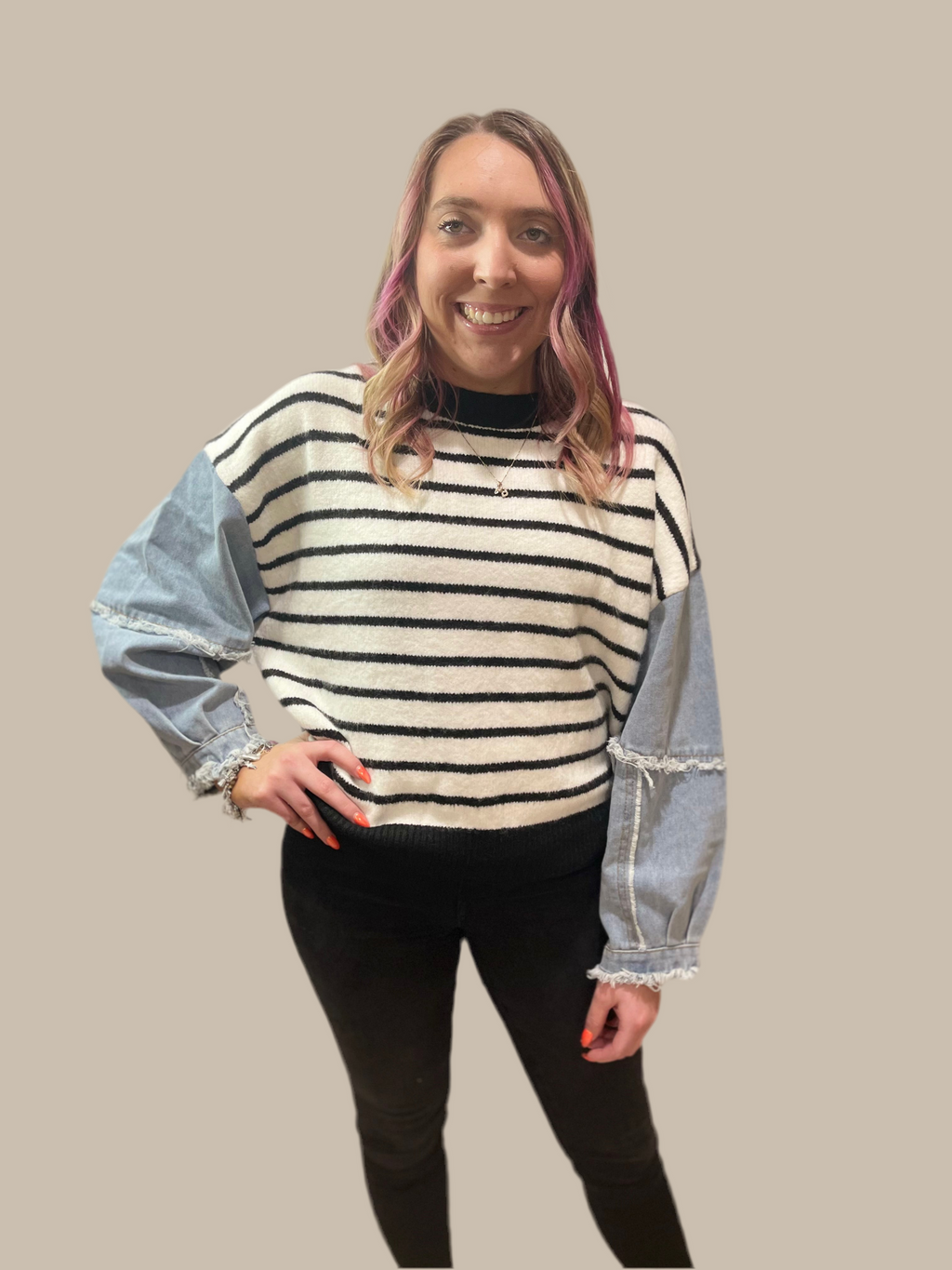 Willow Denim Sleeve Striped Sweater