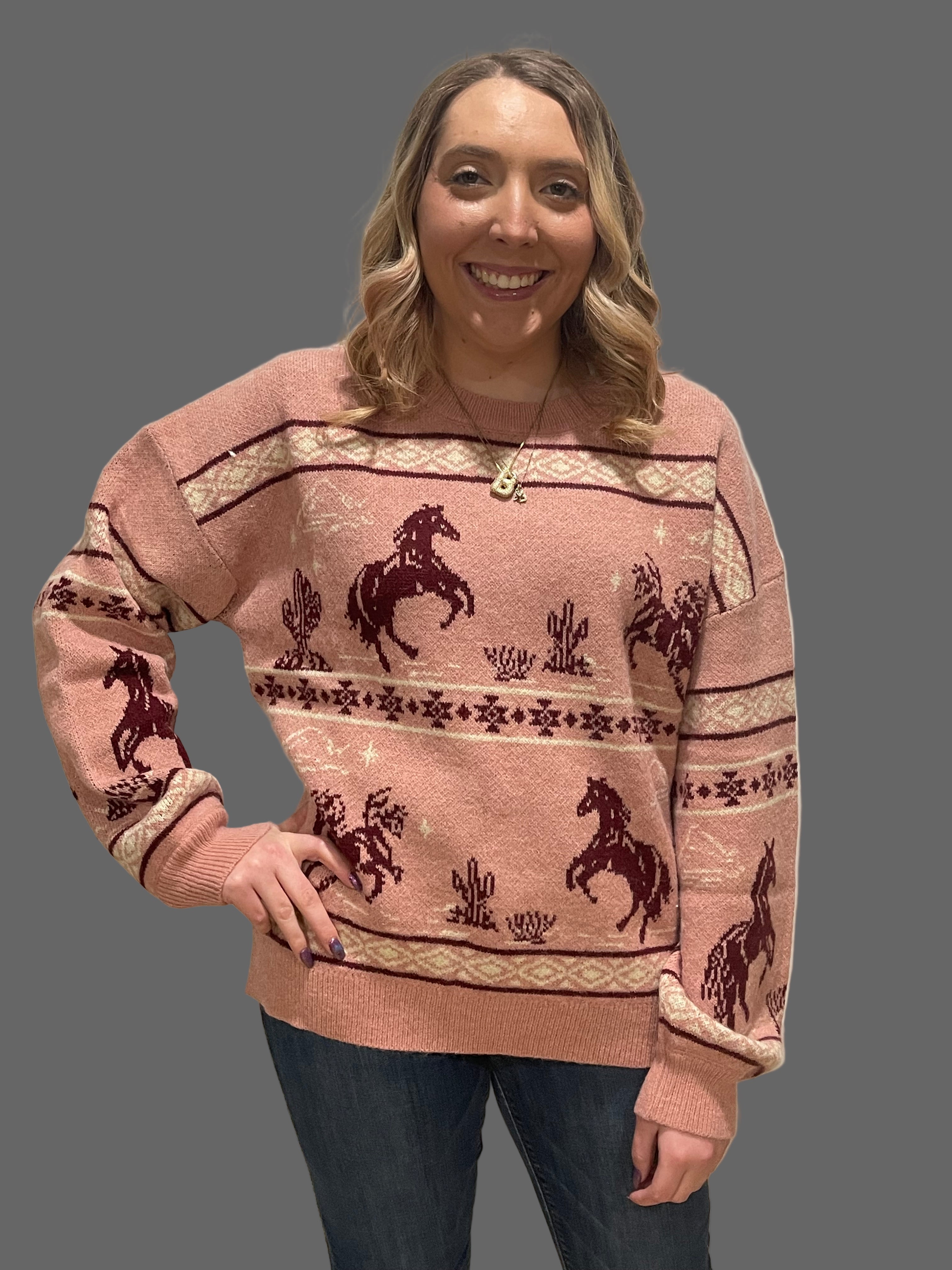 Giddy Up Girl Oversized Mauve Western Sweater