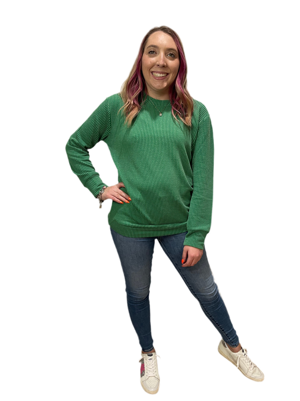 Danielle Ribbed Long Sleeve Top in Green