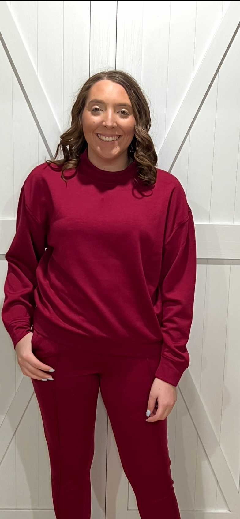 Maroon Love Scuba Mock Neck Pullover Set