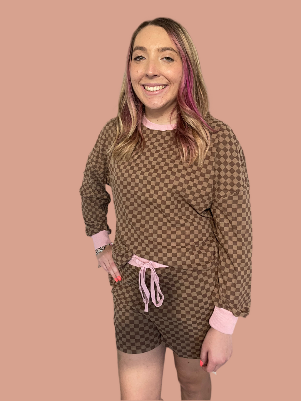 Mocha Bloom Checkered Short Set