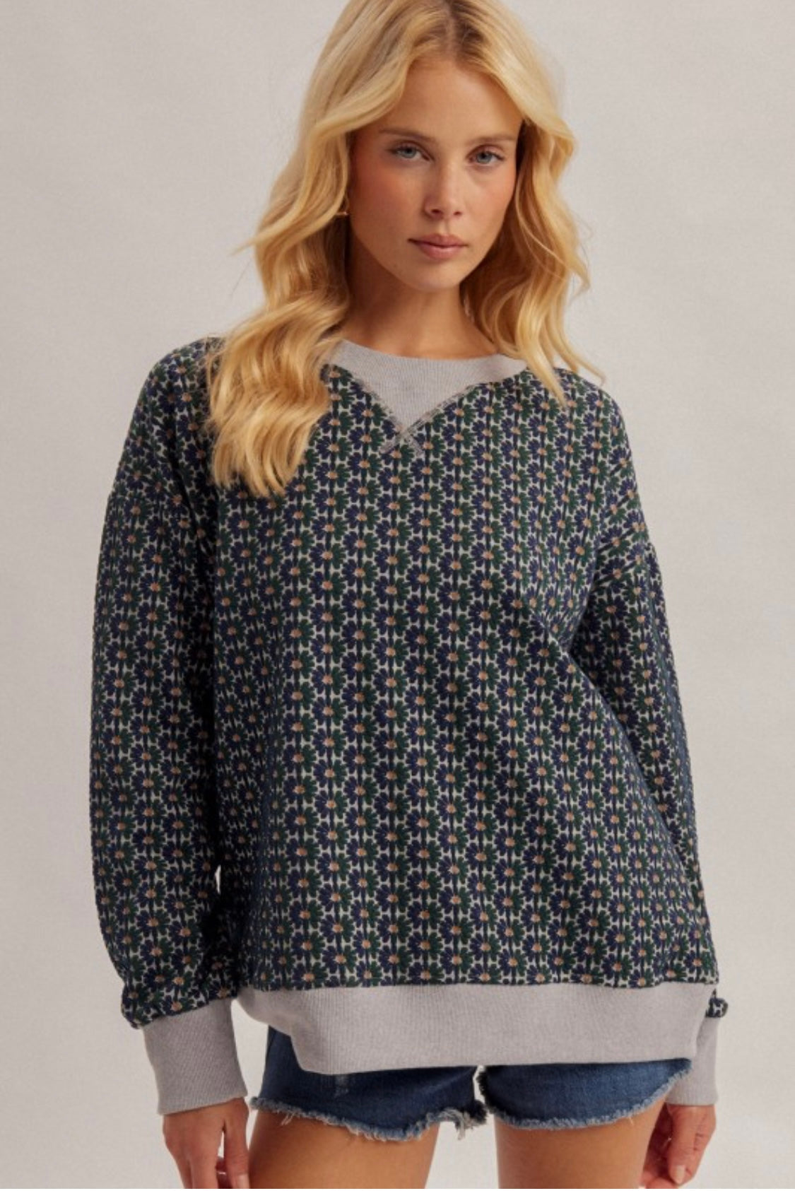 Navy & Gray Floral Pullover