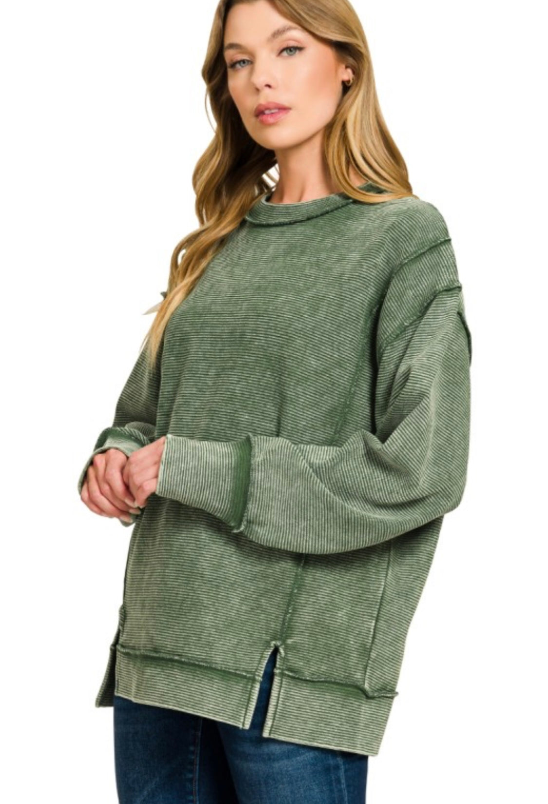 Olive Double Ribbed Exposed Seam Pullover