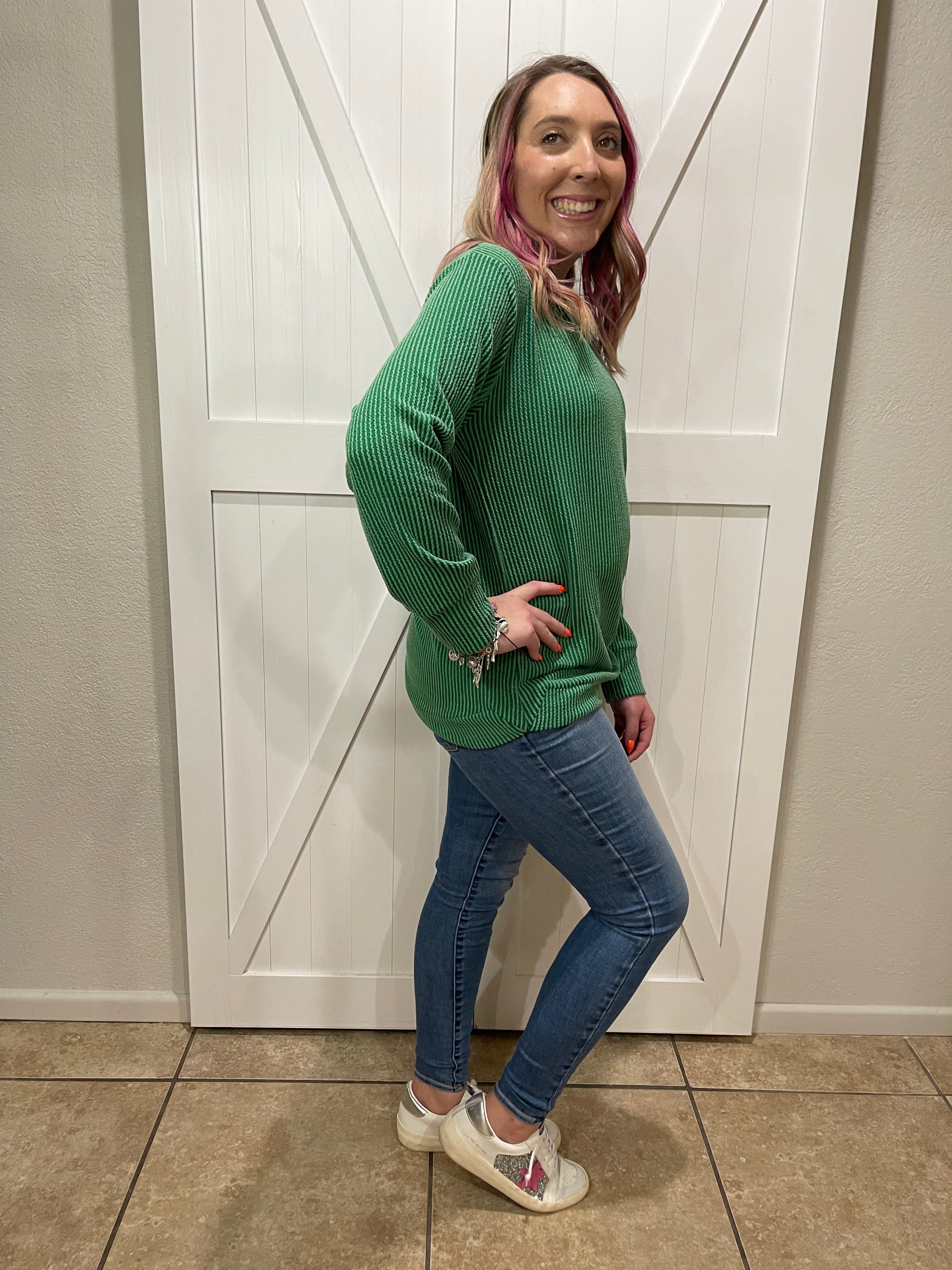 Danielle Ribbed Long Sleeve Top in Green