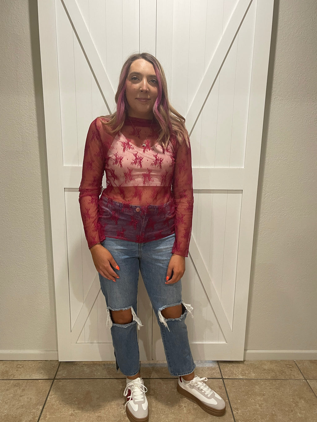 Lace Long Sleeve Layering Top In Burgandy