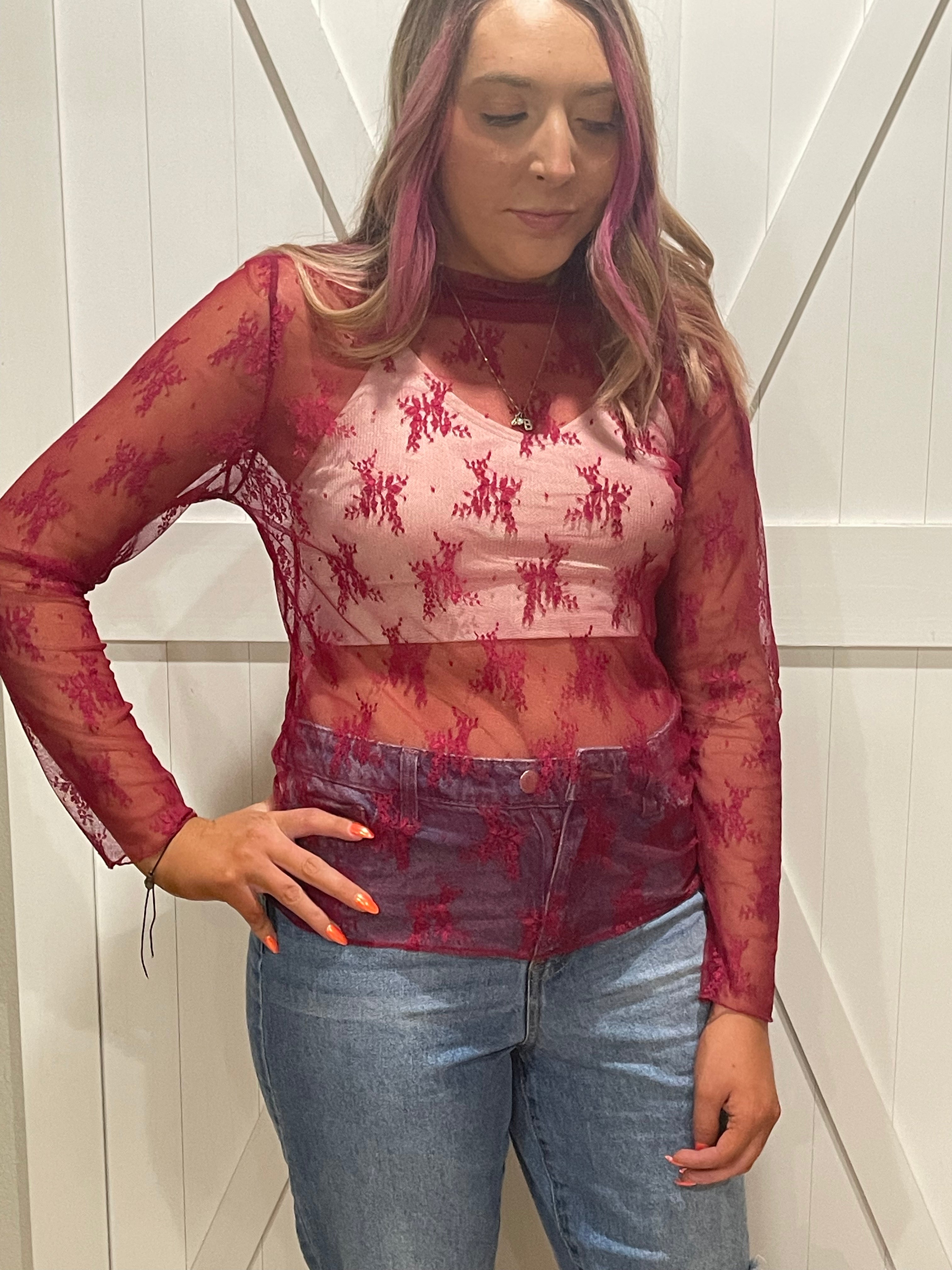 Lace Long Sleeve Layering Top In Burgandy