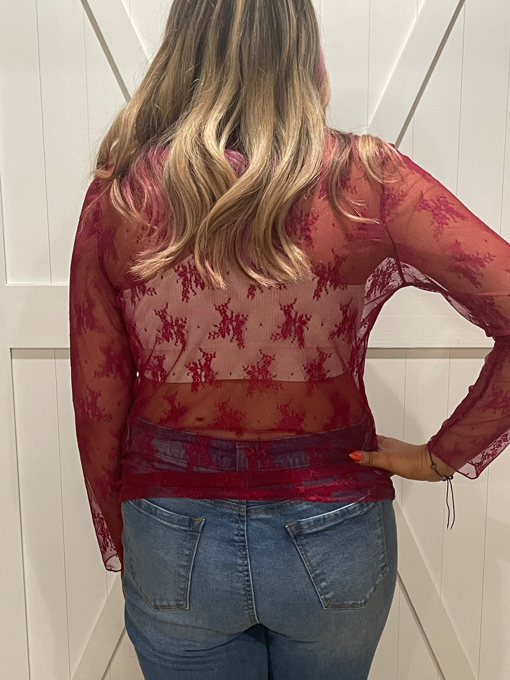Lace Long Sleeve Layering Top In Burgandy