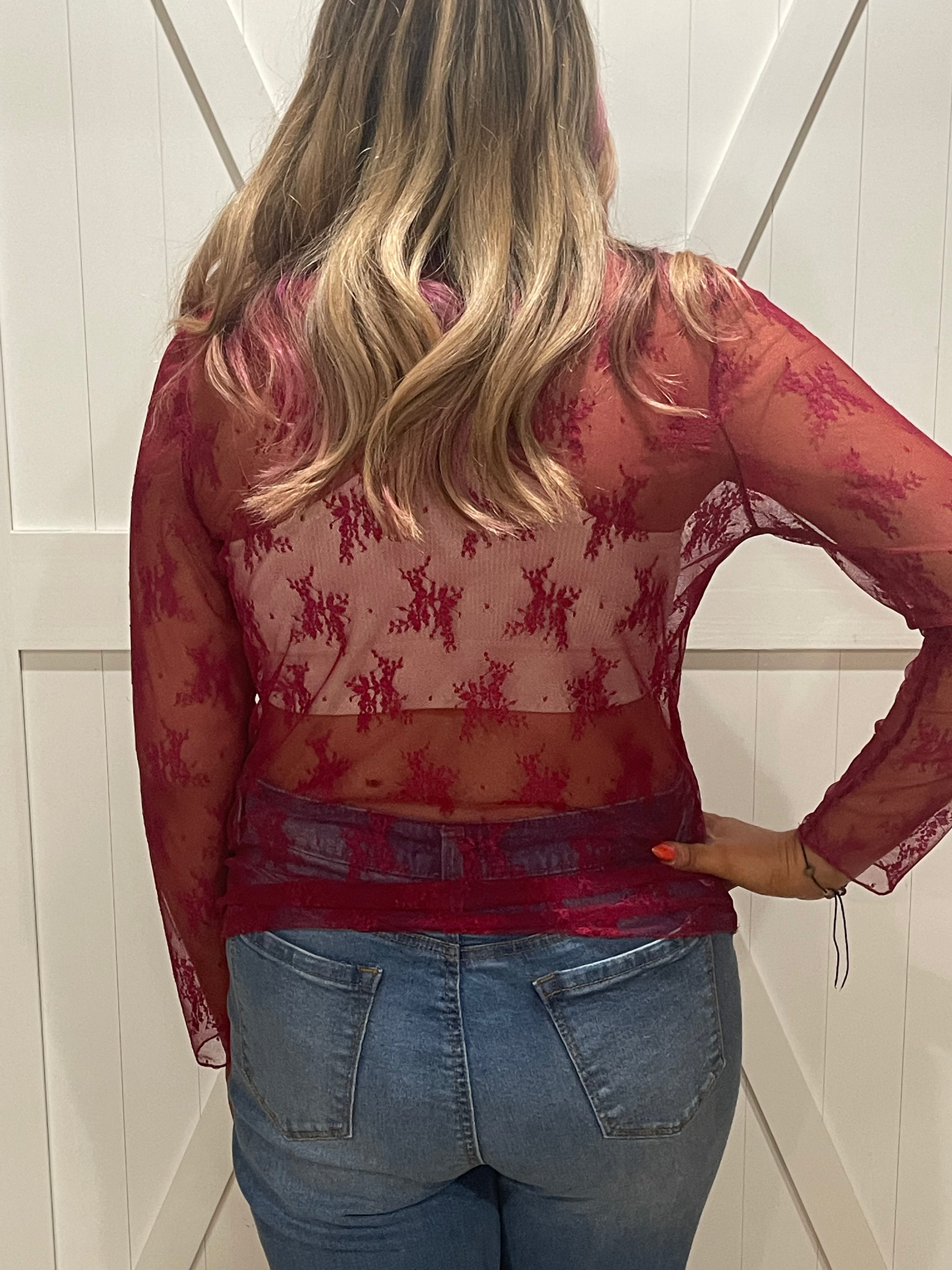 Lace Long Sleeve Layering Top In Burgandy