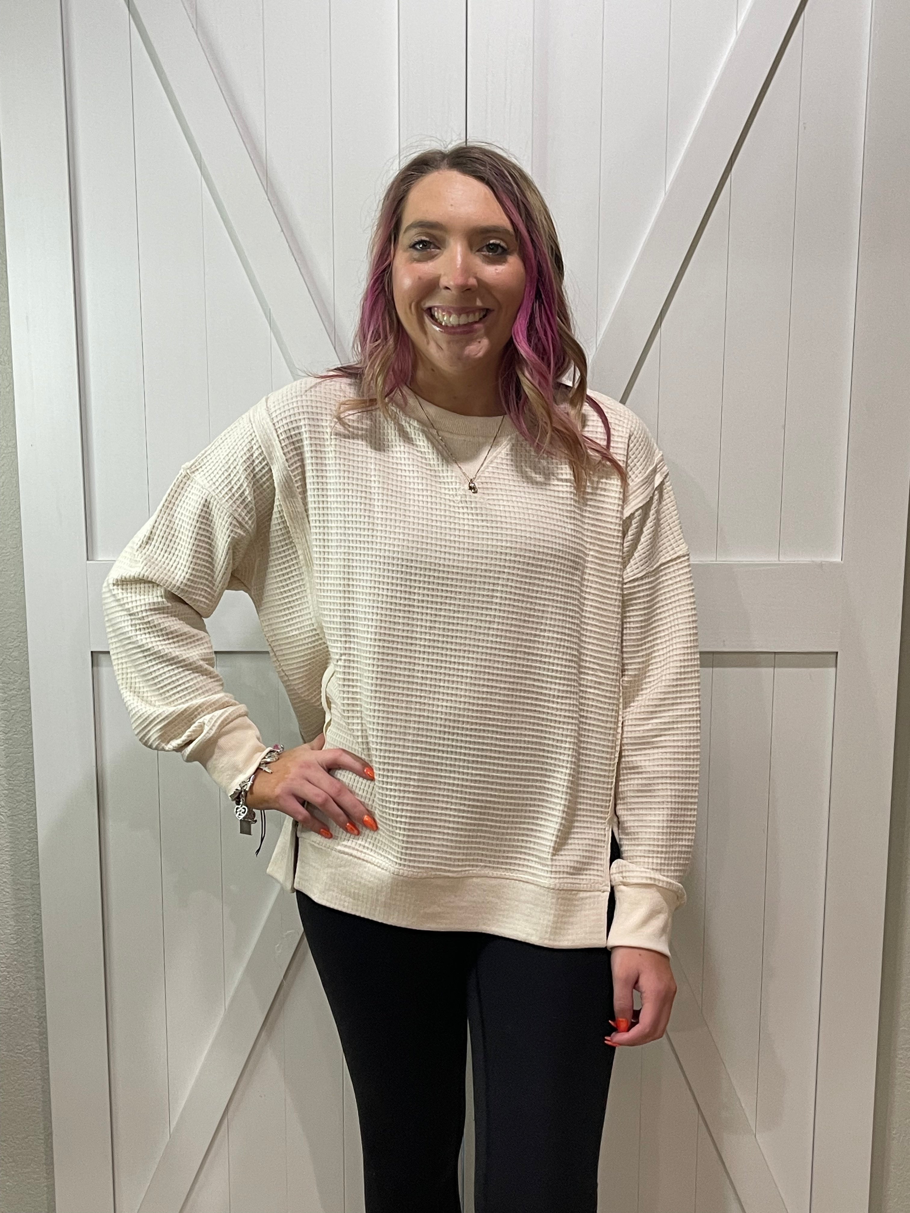 Kelly Long Sleeve Waffle Pullover