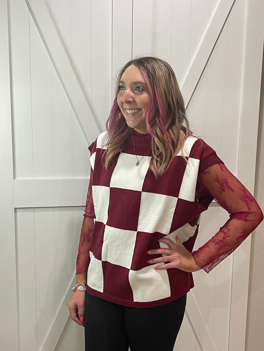 Check Mate Checkered Sweater Vest in Burgandy