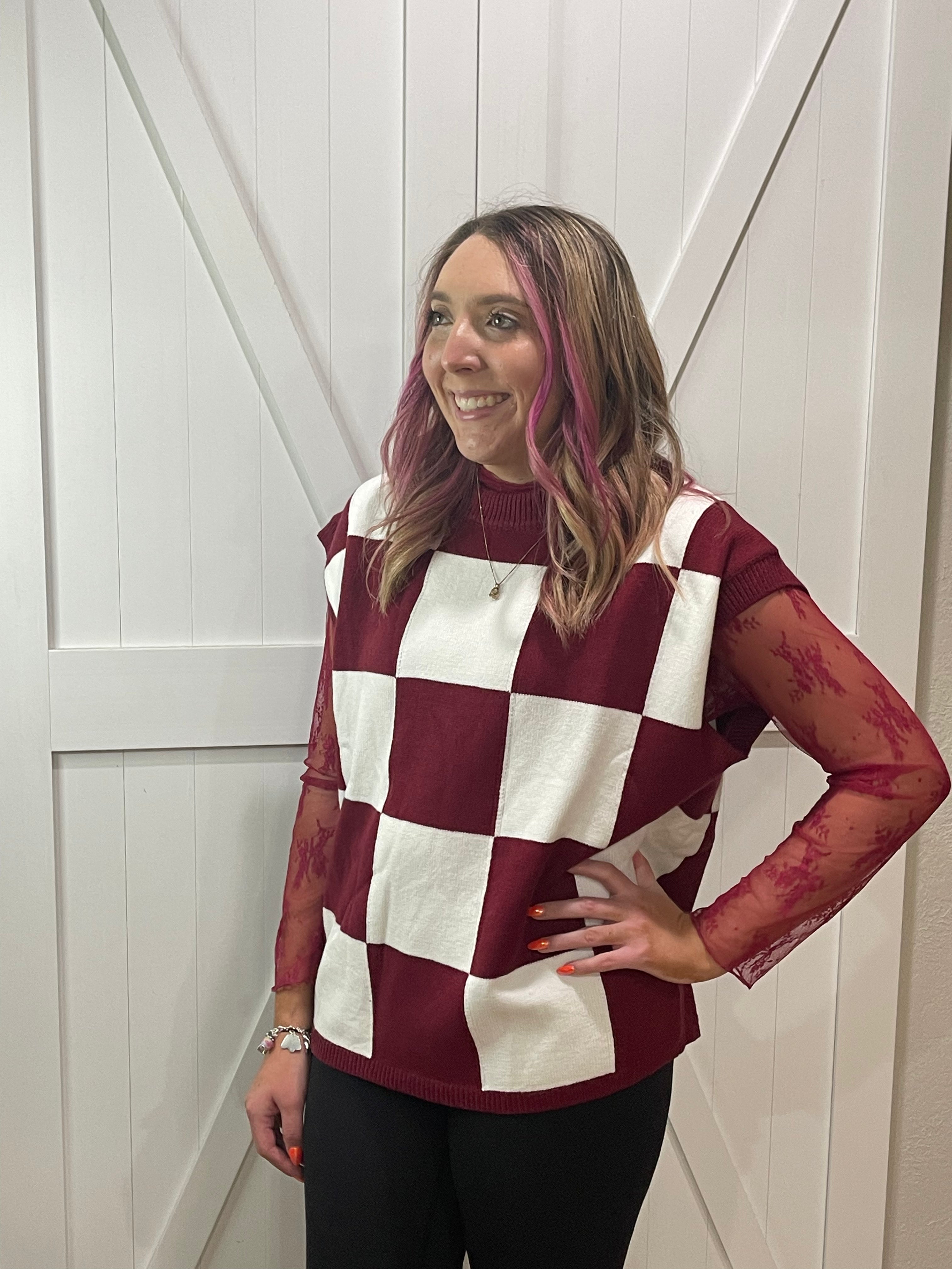 Check Mate Checkered Sweater Vest in Burgandy