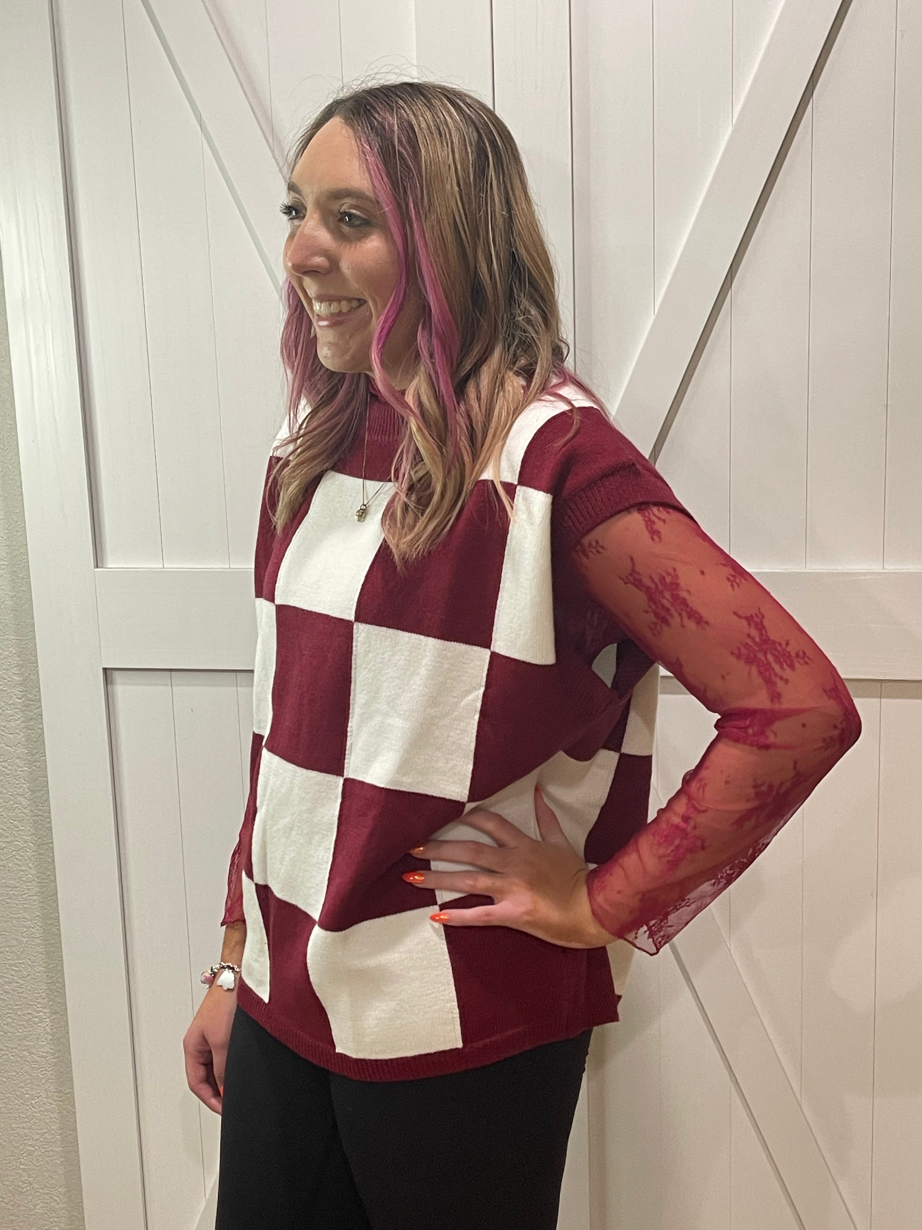 Check Mate Checkered Sweater Vest in Burgandy