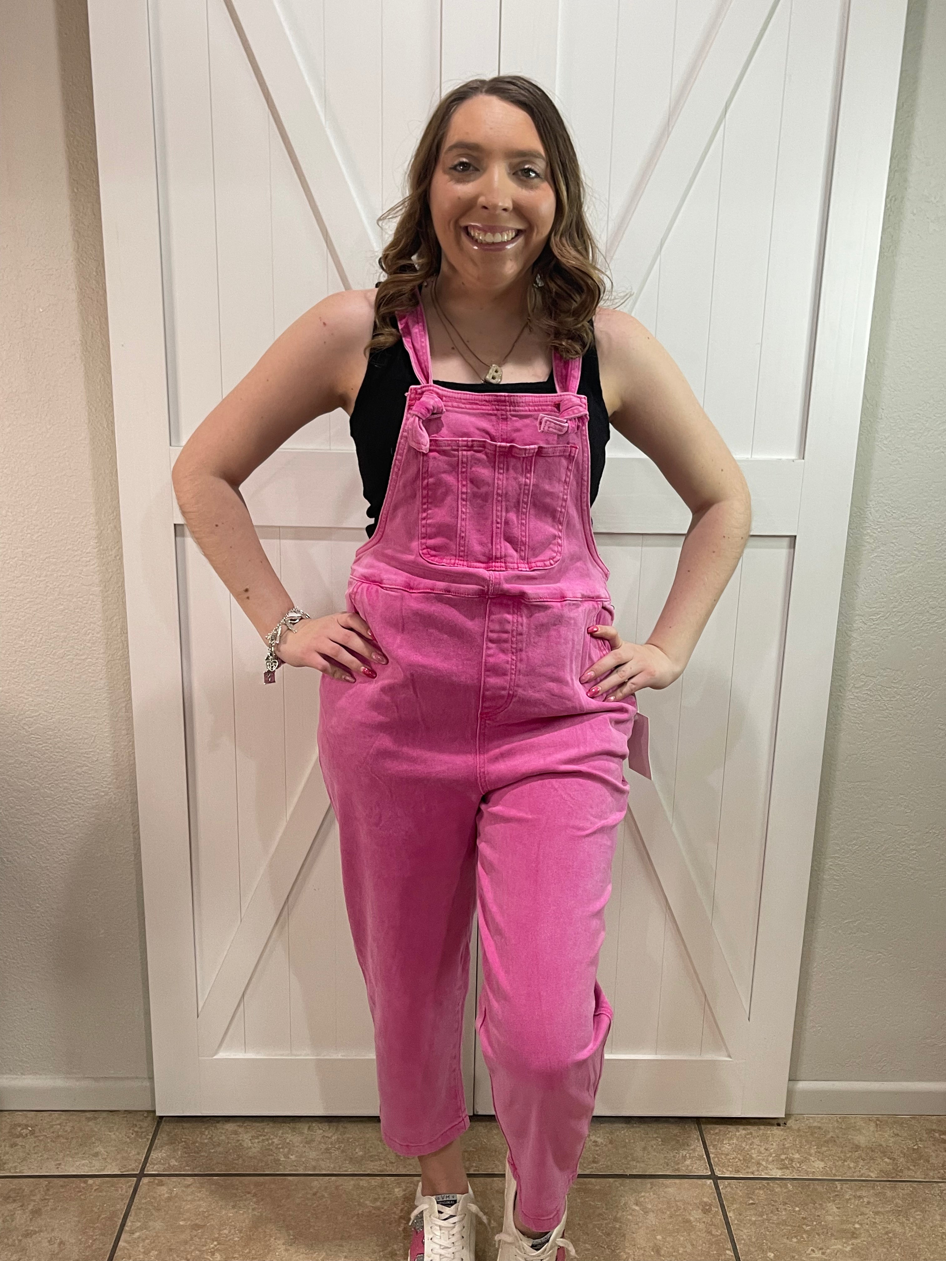 The It Girl Acid Washed Relaxed Fit Overalls - Hot Pink